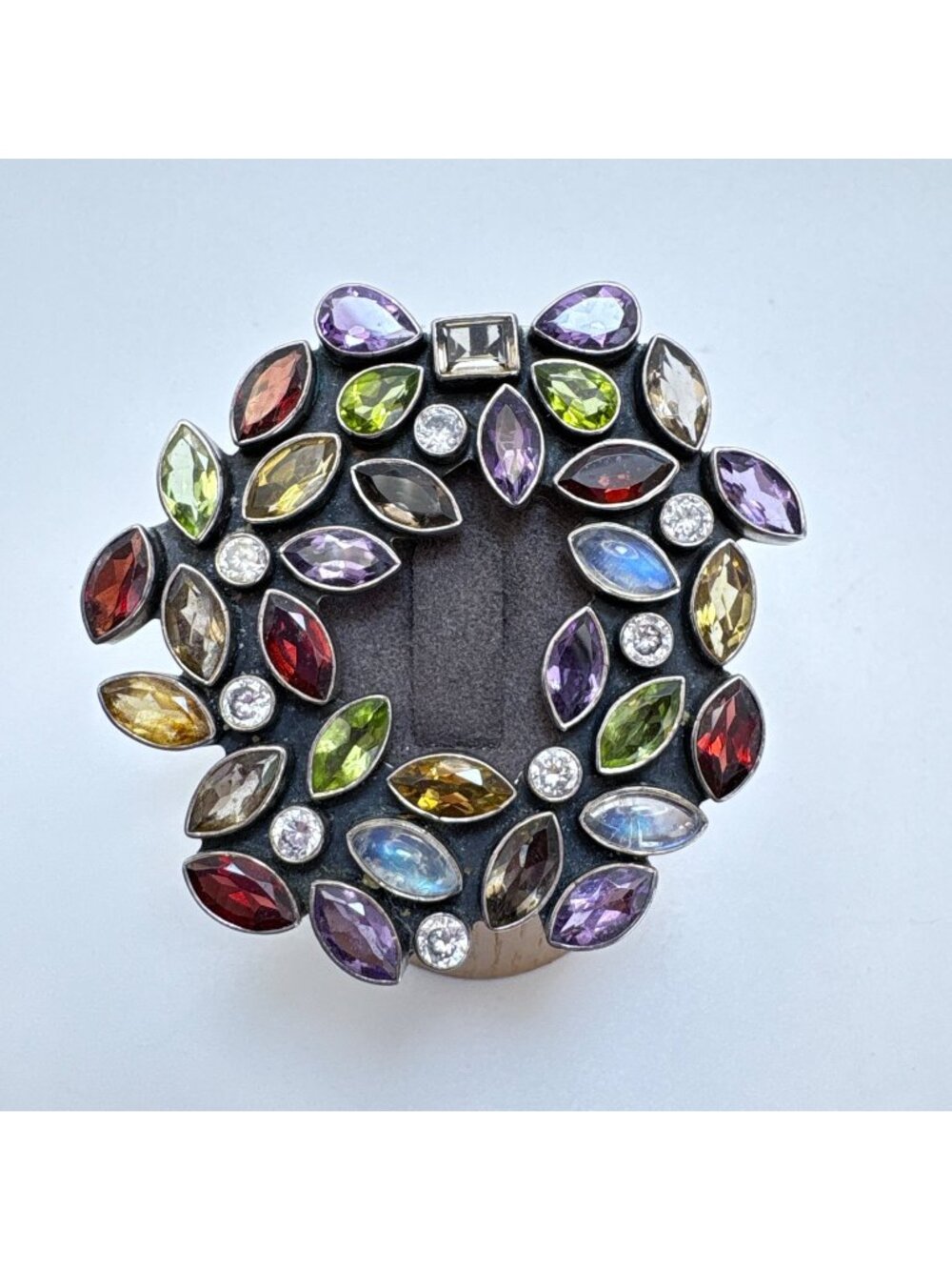 Multi-Gemstone Circle Brooch Sterling Silver 925 Size 1.25" Length